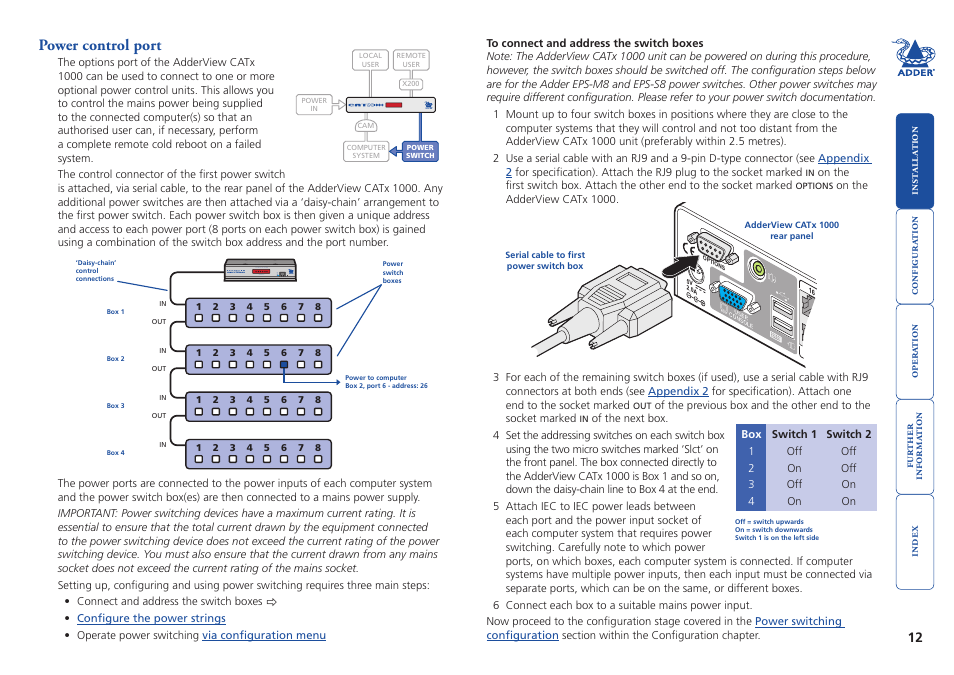 Power control port, Computer power, Control switching | Power, Switch | Adder Technology AdderView CATx 1000 User Manual | Page 13 / 54