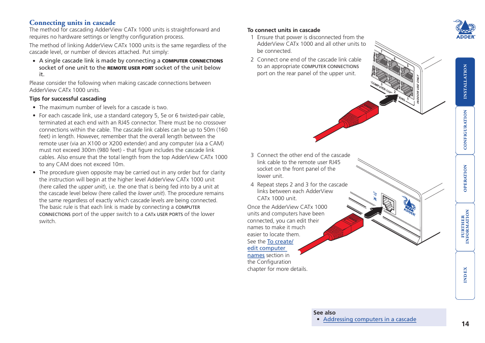 Connecting units in cascade | Adder Technology AdderView CATx 1000 User Manual | Page 15 / 54