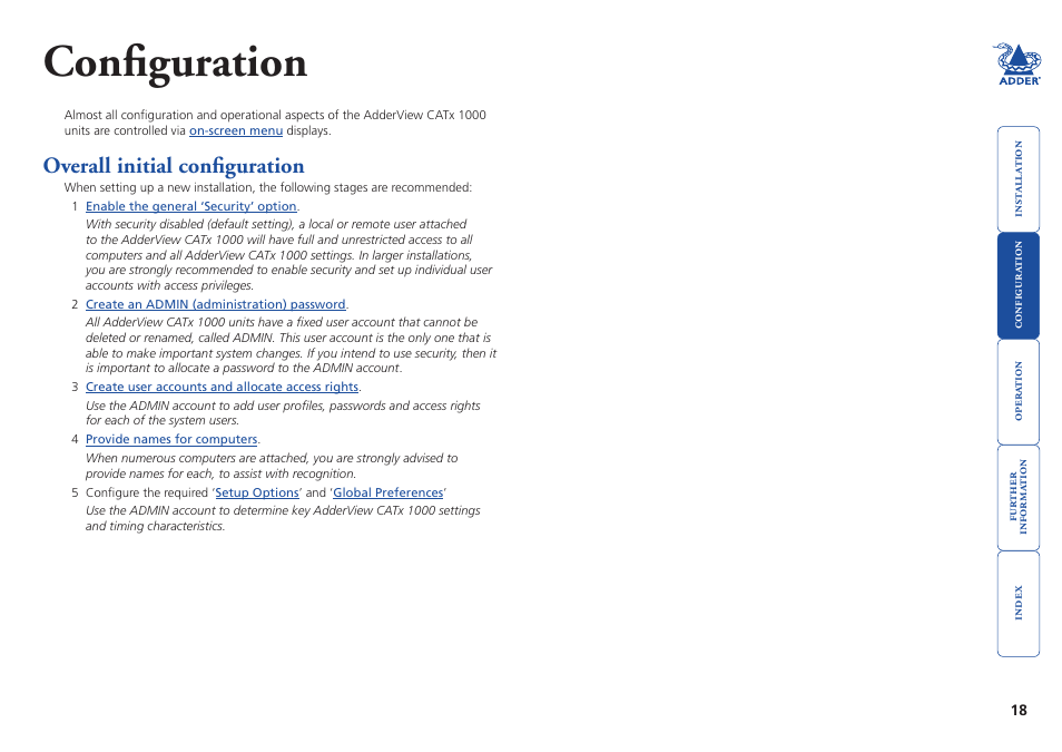 Configuration, Overall initial configuration | Adder Technology AdderView CATx 1000 User Manual | Page 19 / 54