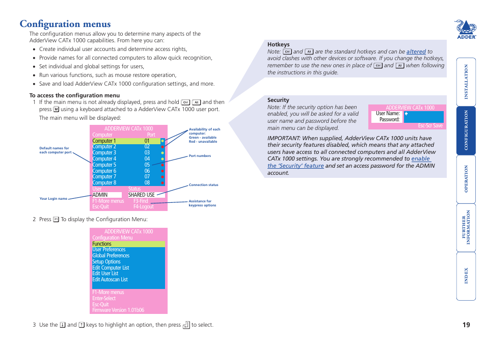 Configuration menus, Olled via, On-screen menu | Adder Technology AdderView CATx 1000 User Manual | Page 20 / 54