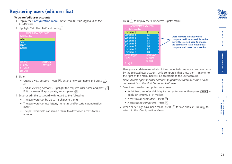 Registering users (edit user list), Create user accounts and allocate access rights | Adder Technology AdderView CATx 1000 User Manual | Page 22 / 54