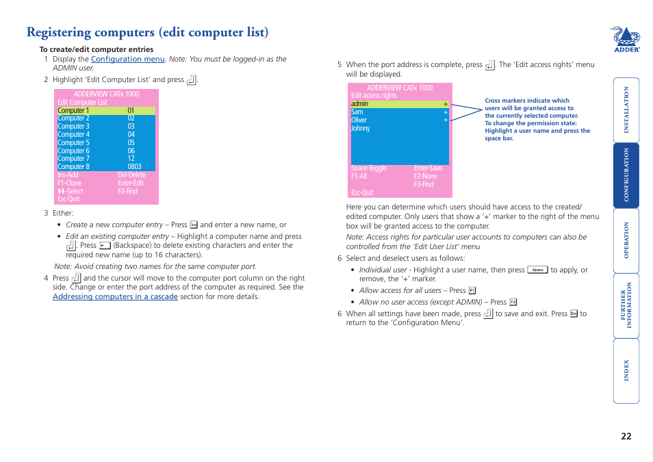 Registering computers (edit computer list), To create, Edit computer names | Section in, Provide names for computers | Adder Technology AdderView CATx 1000 User Manual | Page 23 / 54