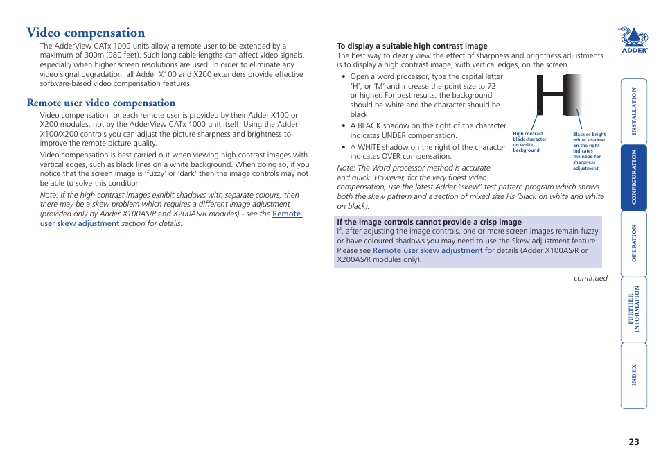 Video compensation, Remote user video compensation | Adder Technology AdderView CATx 1000 User Manual | Page 24 / 54