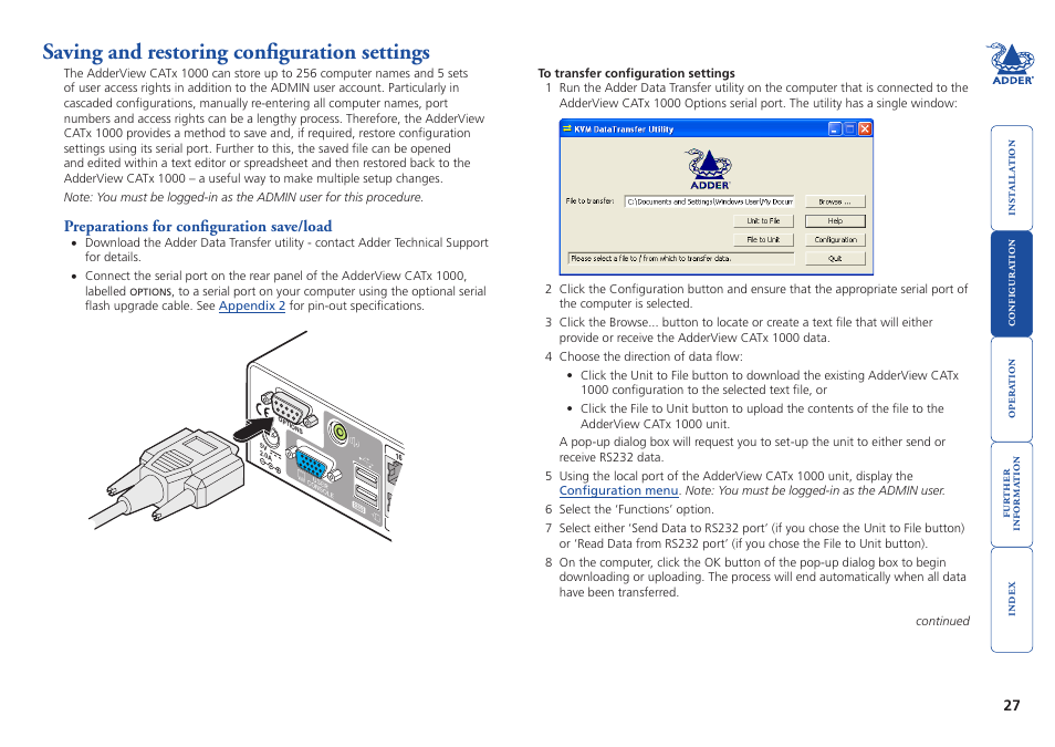 Saving and restoring configuration settings | Adder Technology AdderView CATx 1000 User Manual | Page 28 / 54