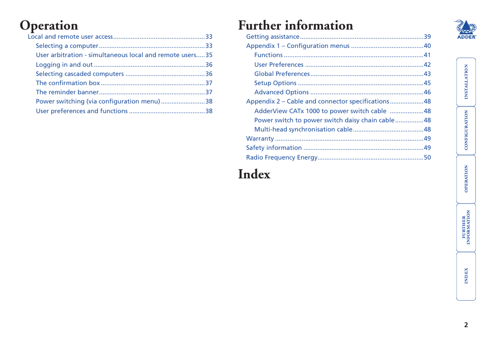 Operation, Further information, Index | Adder Technology AdderView CATx 1000 User Manual | Page 3 / 54