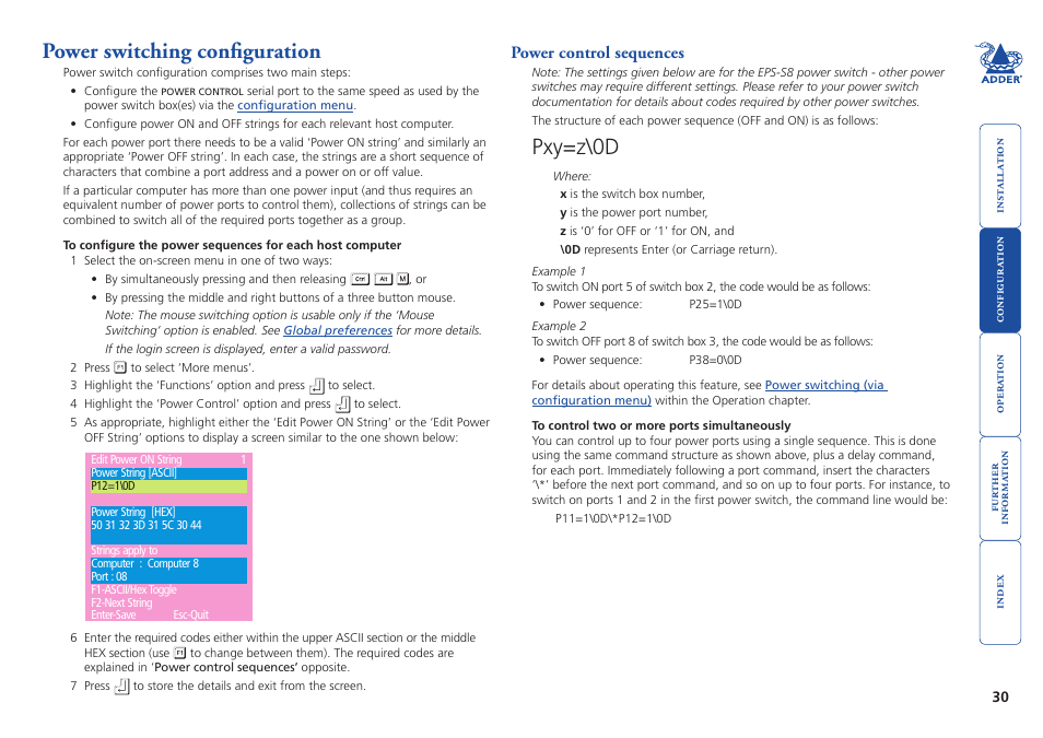 Power switching configuration, Configure the power strings, Power switching | Configuration, Section within the configuration chapter, Pxy=z\0d, Power control sequences | Adder Technology AdderView CATx 1000 User Manual | Page 31 / 54