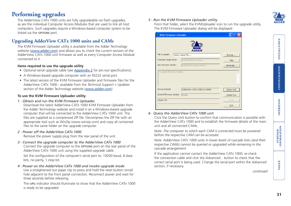 Performing upgrades, Upgrading adderview catx 1000 units and cams, Performing flash | Upgrades | Adder Technology AdderView CATx 1000 User Manual | Page 32 / 54