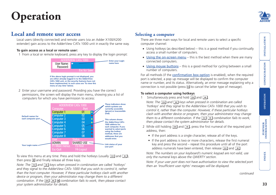 Operation, Local and remote user access, Selecting a computer | Adder Technology AdderView CATx 1000 User Manual | Page 34 / 54