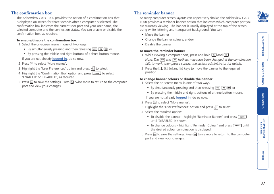 The confirmation box, The reminder banner, The confirmation box the reminder banner | For all methods (if the, Confirmation box option | Adder Technology AdderView CATx 1000 User Manual | Page 38 / 54