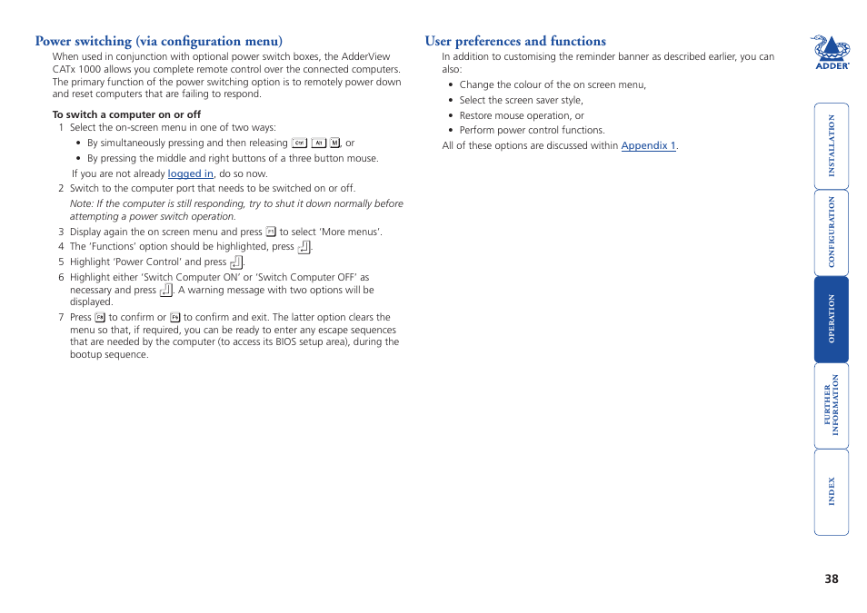 Power switching (via configuration menu), User preferences and functions, Operate power switching | Via configuration menu, Power switching (via, Configuration menu) | Adder Technology AdderView CATx 1000 User Manual | Page 39 / 54