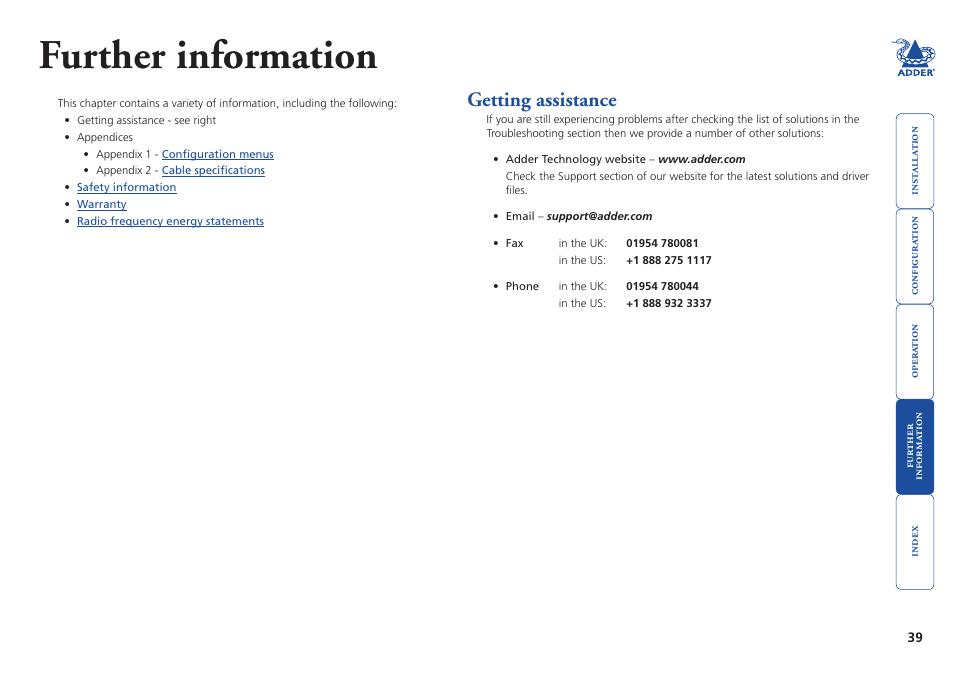 Further information, Getting assistance | Adder Technology AdderView CATx 1000 User Manual | Page 40 / 54