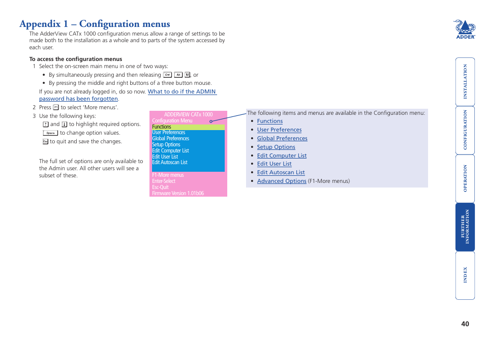 Appendix 1 – configuration menus, Appendix 1, E discussed within | Configuration menus | Adder Technology AdderView CATx 1000 User Manual | Page 41 / 54