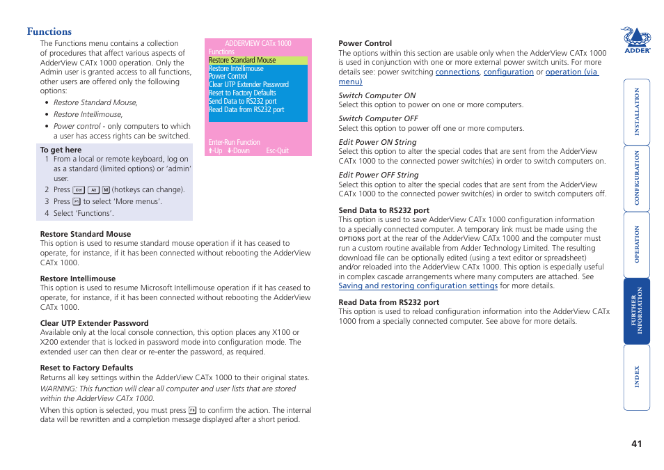 Functions | Adder Technology AdderView CATx 1000 User Manual | Page 42 / 54