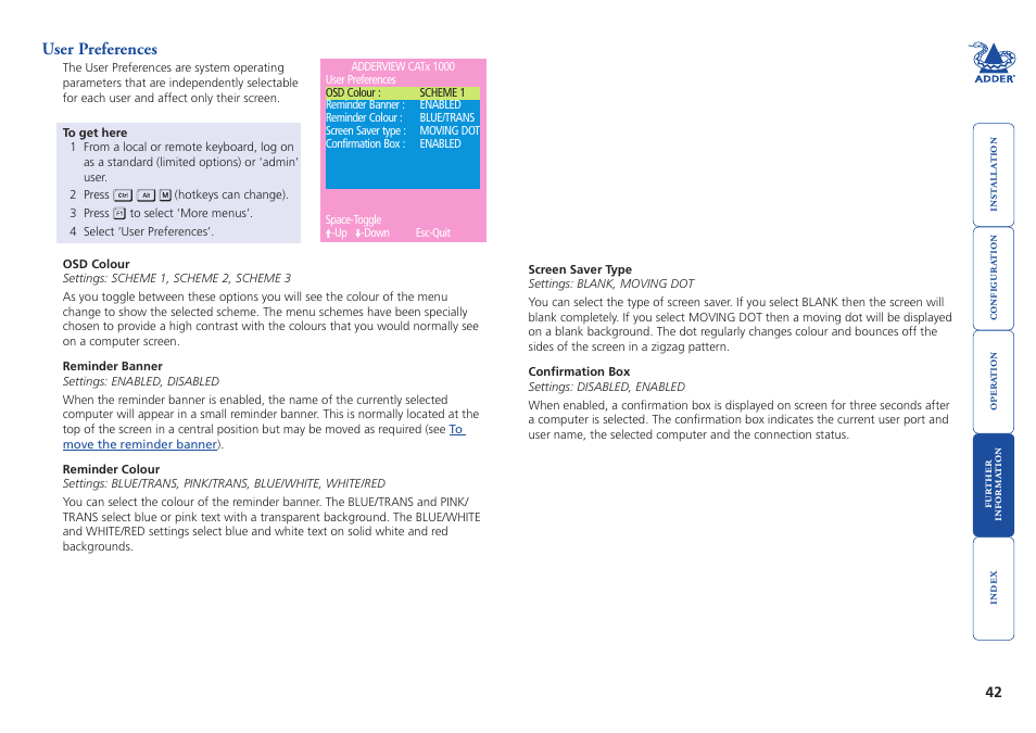 User preferences | Adder Technology AdderView CATx 1000 User Manual | Page 43 / 54