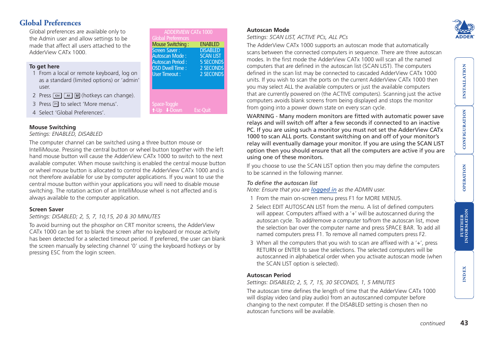 Global preferences, Switching’ option is enabled. see, For more details | Adder Technology AdderView CATx 1000 User Manual | Page 44 / 54