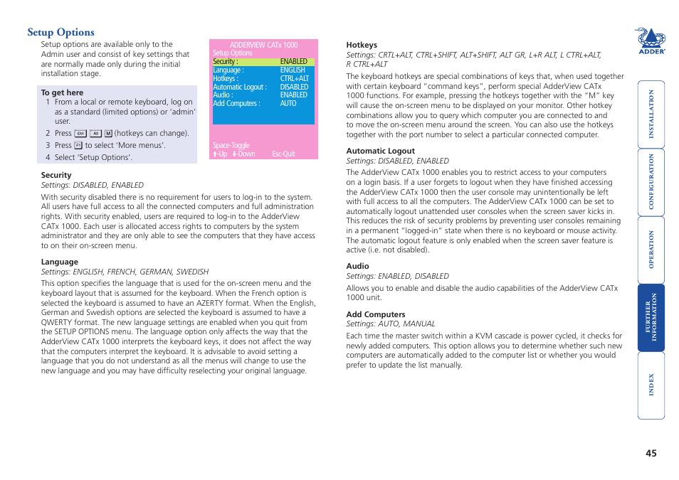 Setup options | Adder Technology AdderView CATx 1000 User Manual | Page 46 / 54