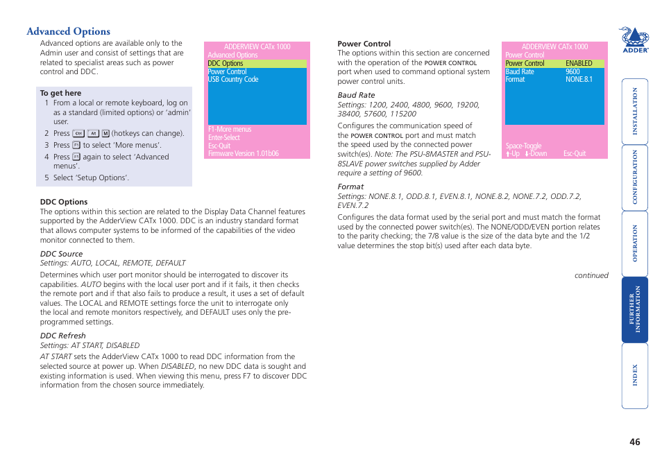 Advanced options, F1-mor | Adder Technology AdderView CATx 1000 User Manual | Page 47 / 54