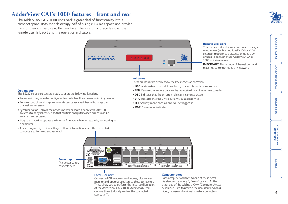 Adderview catx 1000 features - front and rear | Adder Technology AdderView CATx 1000 User Manual | Page 5 / 54