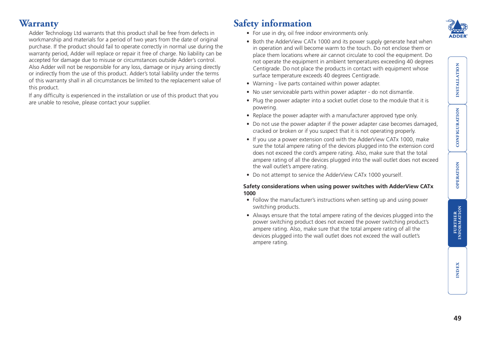 Warranty, Safety information, Warranty safety information | Adder Technology AdderView CATx 1000 User Manual | Page 50 / 54