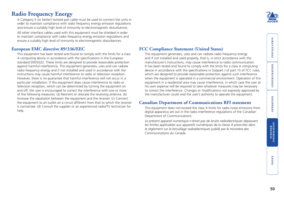 Radio frequency energy, Radio frequency energy statements | Adder Technology AdderView CATx 1000 User Manual | Page 51 / 54