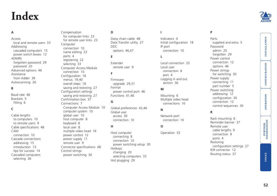 Index | Adder Technology AdderView CATx 1000 User Manual | Page 53 / 54