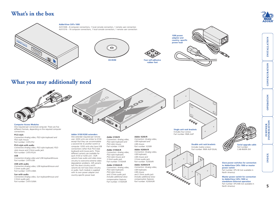 What’s in the box, What you may additionally need, What’s in the box what you may additionally need | Pw r to lo ca l 1 to lo ca l 2 | Adder Technology AdderView CATx 1000 User Manual | Page 6 / 54