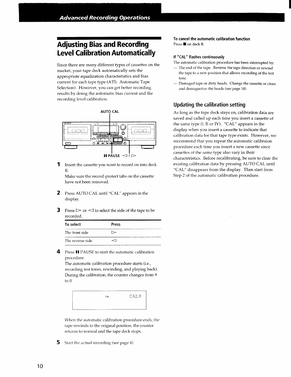 To cancel the automatic calibration function, If "cal" flashes continuously, Updating the calibration setting | Sony TC-WR565 User Manual | Page 10 / 20