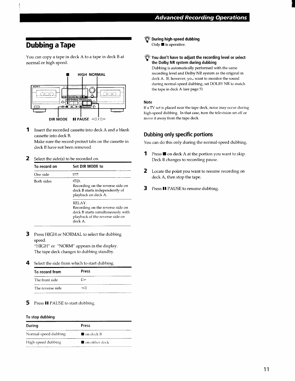 Dubbing a tape, During high-speed dubbing, Note | Dubbing only specific portions | Sony TC-WR565 User Manual | Page 11 / 20