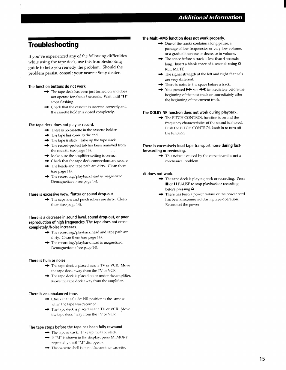 Troubleshooting, The function buttons do not work, The tape deck does not play or record | There is excessive wow, flutter or sound drop-out, The multi-ams function does not work properly, Does not work, There is hum or noise, There is an unbalanced tone, Additional information | Sony TC-WR565 User Manual | Page 15 / 20