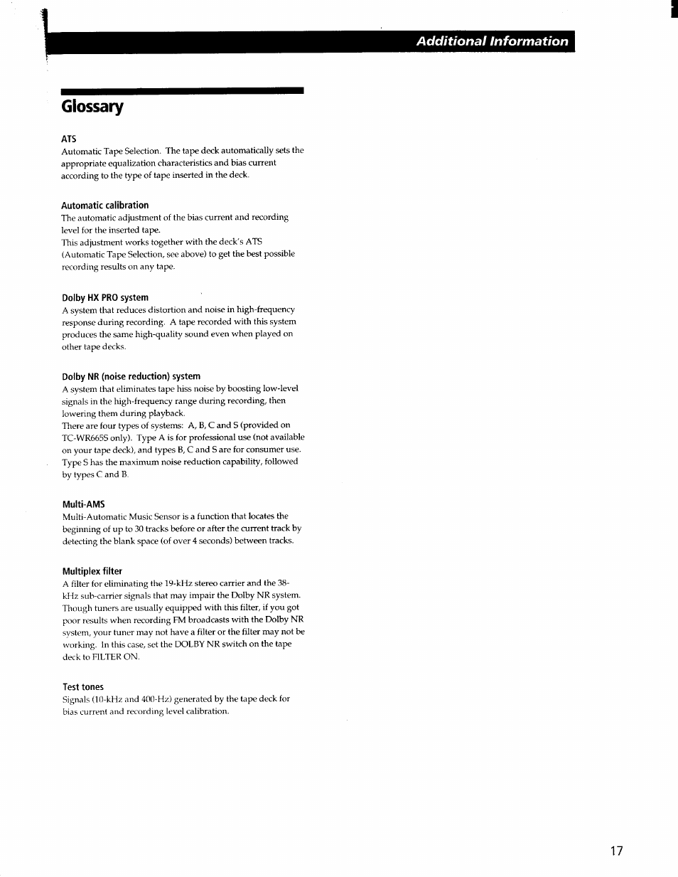 Glossary, Automatic calibration, Dolby hx pro system | Dolby nr (noise reduction) system, Multi-ams, Multiplex filter, Test tones | Sony TC-WR565 User Manual | Page 17 / 20