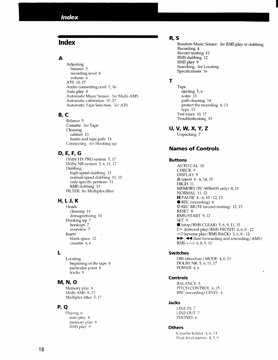 U, v. w, x, y. z, Names of controls, M, n, o | Index, R, s | Sony TC-WR565 User Manual | Page 18 / 20
