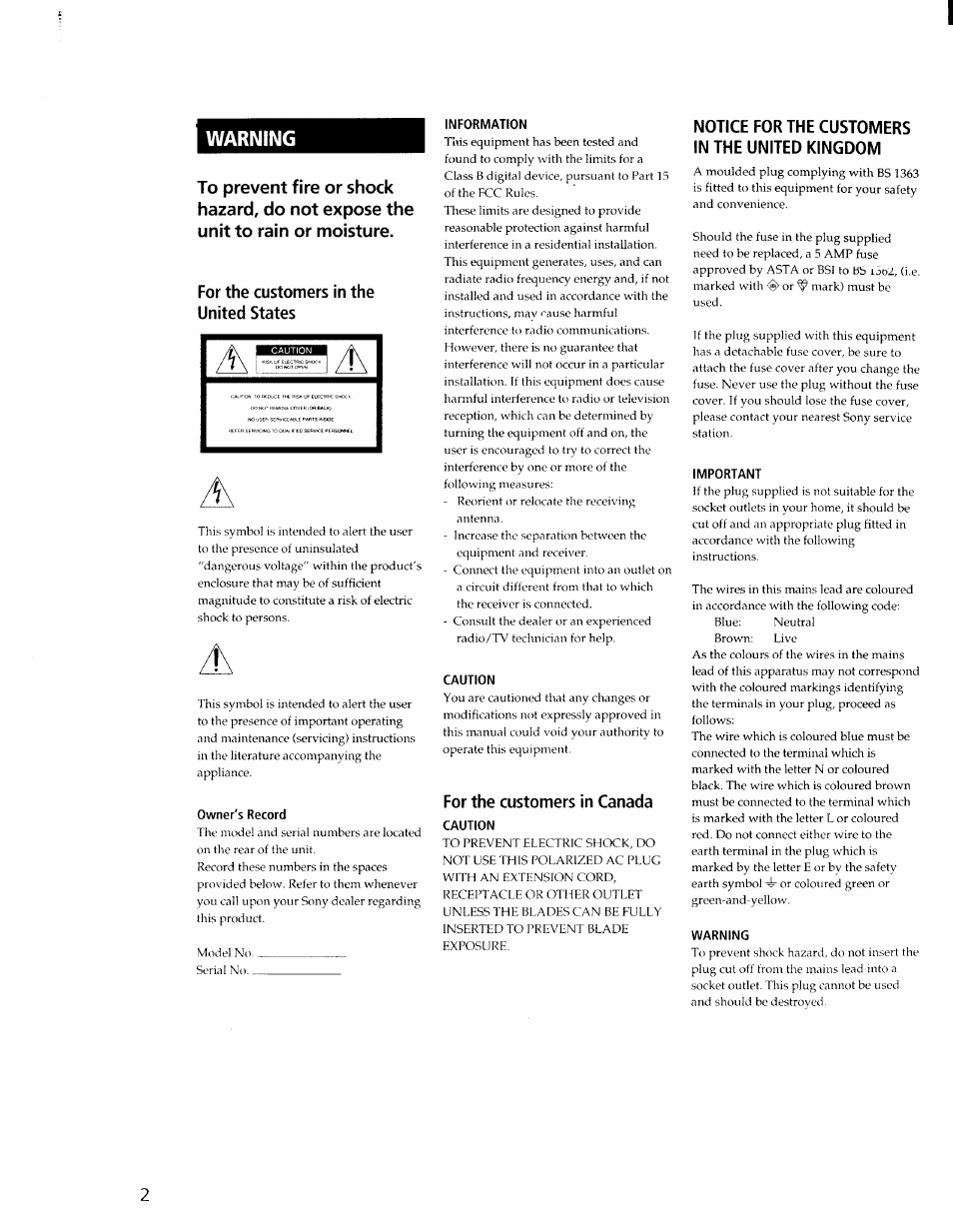 Information, Caution, For the customers in canada | Notice for the customers in the united kingdom, Important, Warning | Sony TC-WR565 User Manual | Page 2 / 20