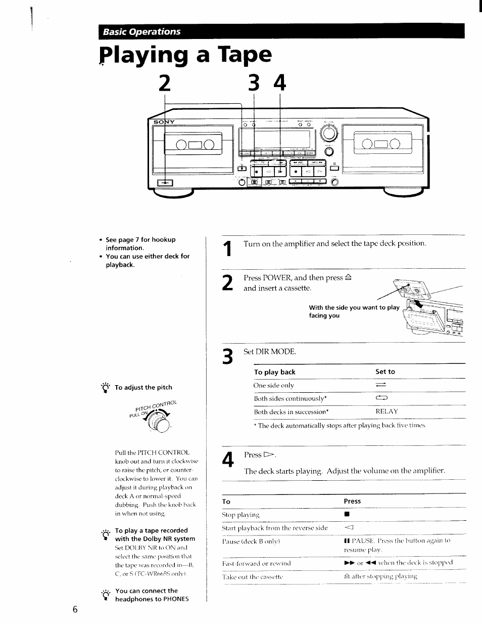 Playing a tape, To play back, Set to | Sony TC-WR565 User Manual | Page 6 / 20