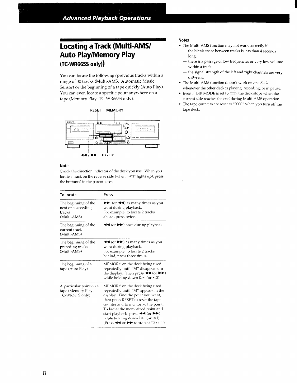 Locating a track (multi-ams/ auto play/memory play, Notes, Note | Advanced playback operations | Sony TC-WR565 User Manual | Page 8 / 20