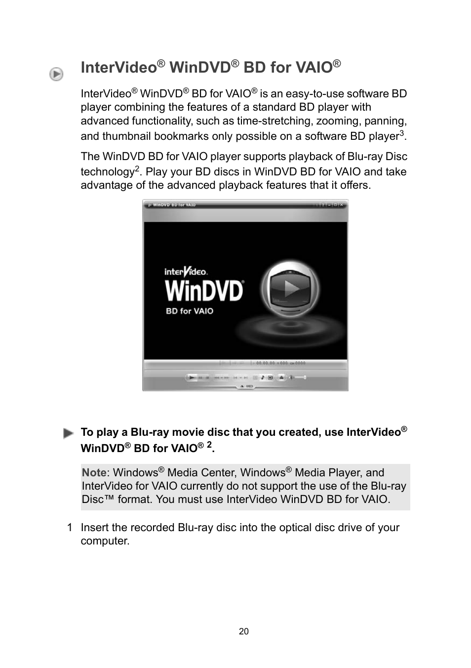 Intervideo, Windvd, Bd for vaio | Sony VGN-FZ190 User Manual | Page 24 / 32