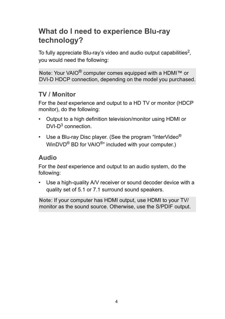 What do i need to experience blu-ray technology, Tv / monitor, Audio | Sony VGN-FZ190 User Manual | Page 8 / 32