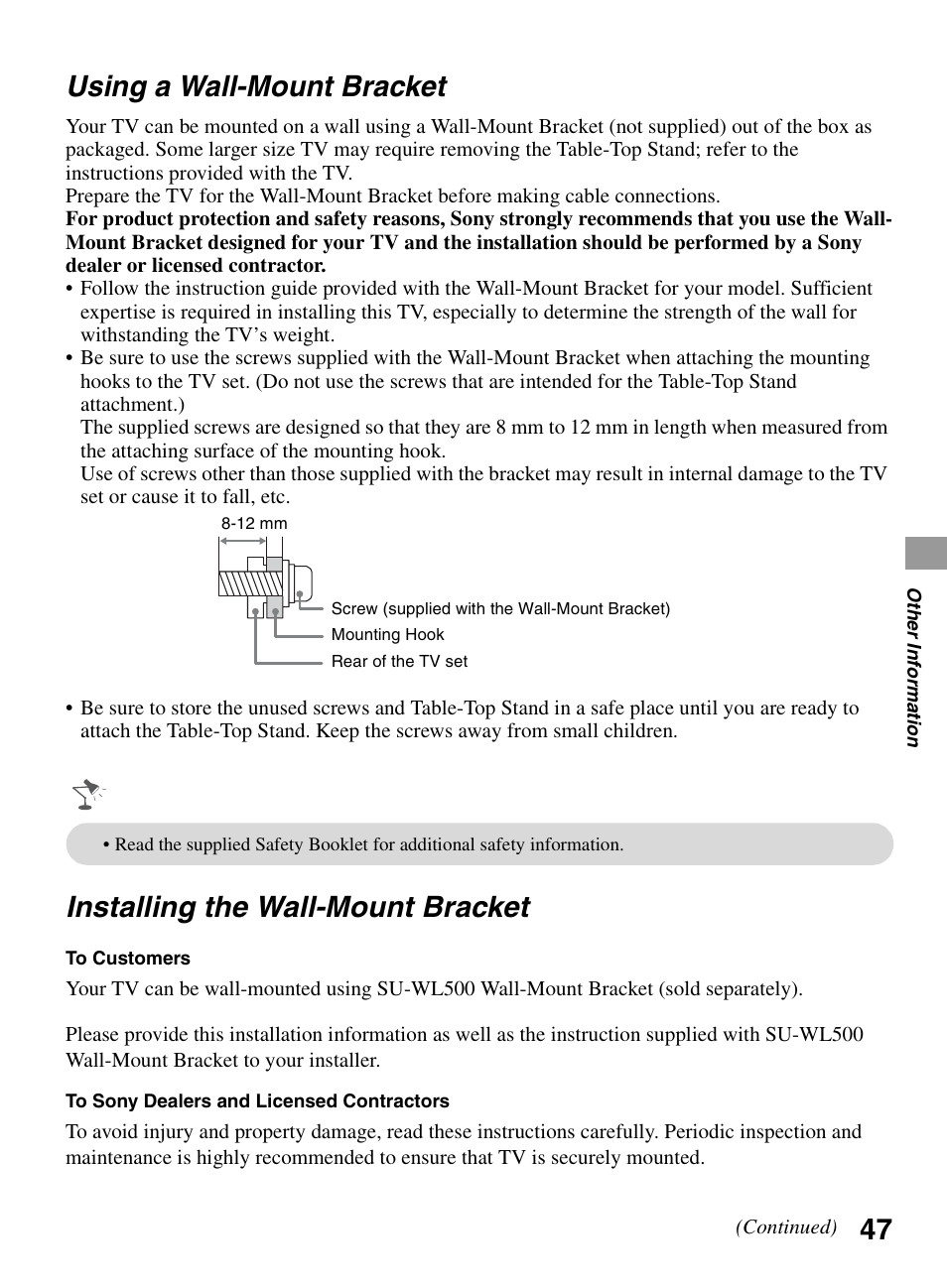 Using a wall-mount bracket, Installing the wall-mount bracket | Sony KDL-55EX500 User Manual | Page 47 / 59