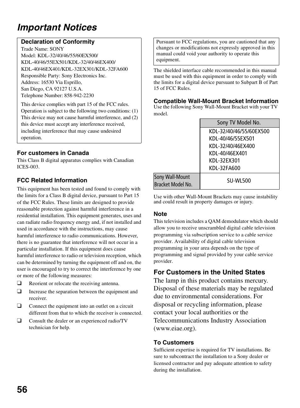 Important notices, 56 important notices | Sony KDL-55EX500 User Manual | Page 56 / 59