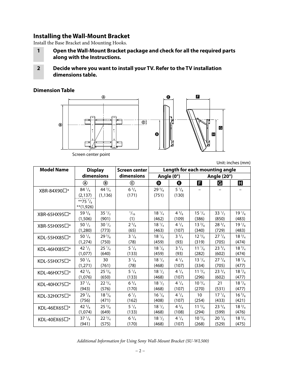 Installing the wall-mount bracket, Install the base bracket and mounting hooks, Xbr-84x90 | Xbr-65hx95, Xbr-55hx95, Kdl-55hx85, Kdl-46hx85, Kdl-55hx75, Kdl-46hx75, Kdl-40hx75 | Sony KDL-46HX850 User Manual | Page 2 / 9