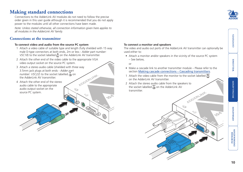 Making standard connections, Connections at the transmitter, Adderlink | Adder Technology AdderLink AV Series User Manual | Page 11 / 26