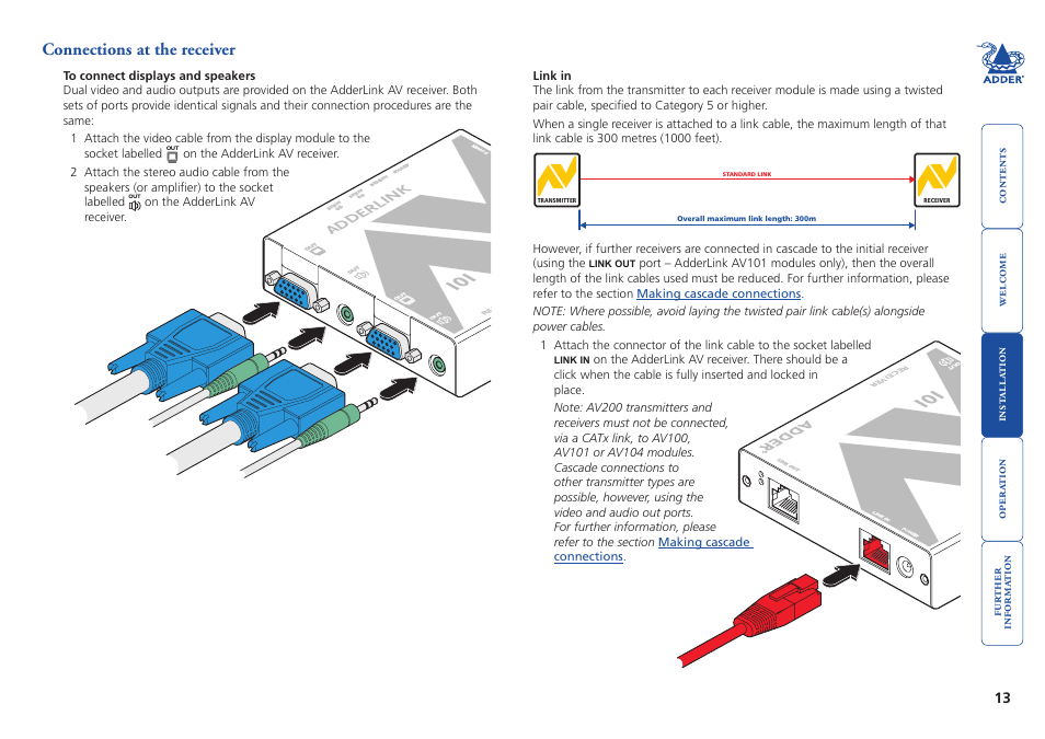 Connections at the receiver, Adderlink | Adder Technology AdderLink AV Series User Manual | Page 14 / 26