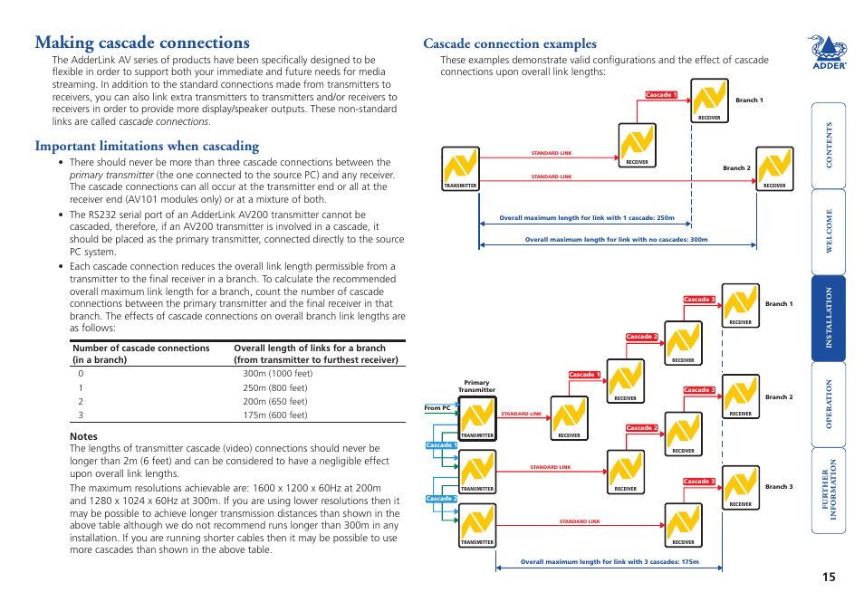 Making cascade connections, Important limitations when cascading, Cascade connection examples | 15 cascade connection examples, Section, Making cascade, Connections, Efer to the section | Adder Technology AdderLink AV Series User Manual | Page 16 / 26