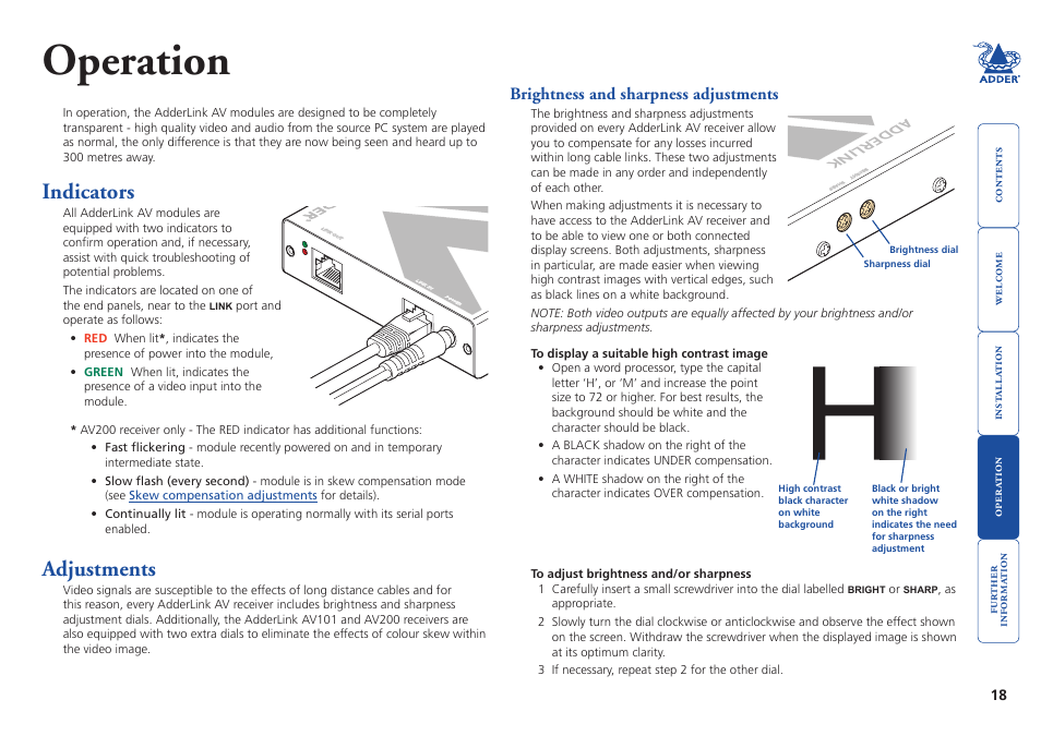 Operation, Indicators, Adjustments | Brightness and sharpness adjustments, 18 adjustments, Transmitter, Bright, Sharp | Adder Technology AdderLink AV Series User Manual | Page 19 / 26