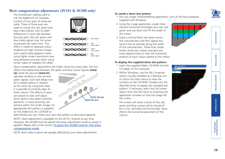 Skew compensation adjustments (av101 & av200 only), Skew compensation, Adjustments | Adderlink | Adder Technology AdderLink AV Series User Manual | Page 20 / 26