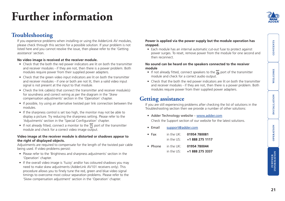 Further information, Troubleshooting, Getting assistance | 21 getting assistance | Adder Technology AdderLink AV Series User Manual | Page 22 / 26