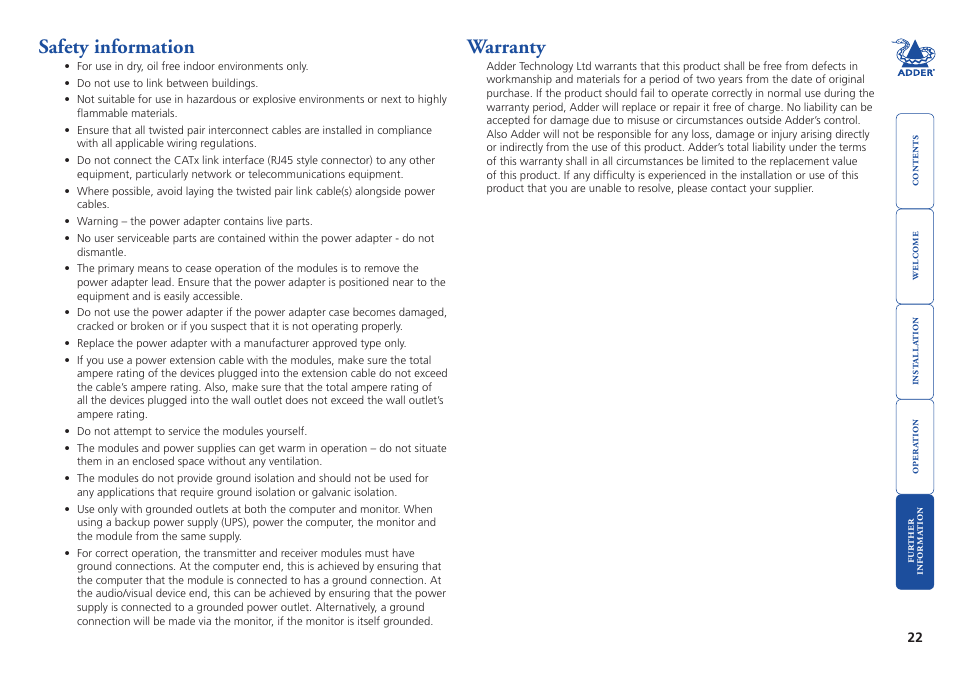 Safety information, Warranty, 22 warranty | Adder Technology AdderLink AV Series User Manual | Page 23 / 26