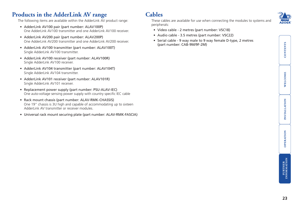 Products in the adderlink av range, Cables, 23 cables | Adder Technology AdderLink AV Series User Manual | Page 24 / 26