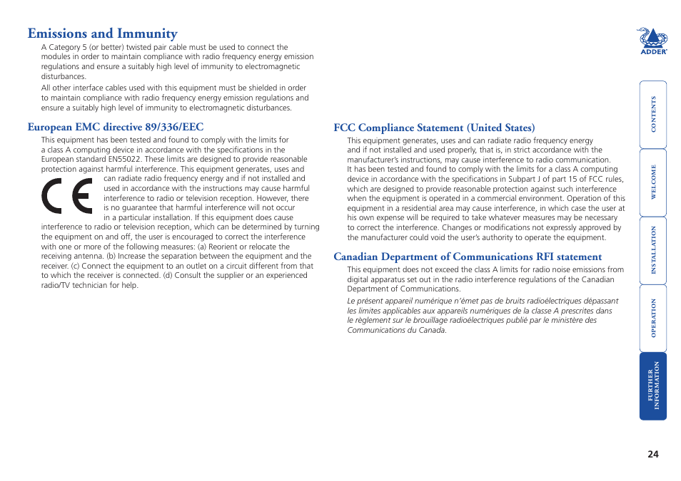 Emissions and immunity | Adder Technology AdderLink AV Series User Manual | Page 25 / 26