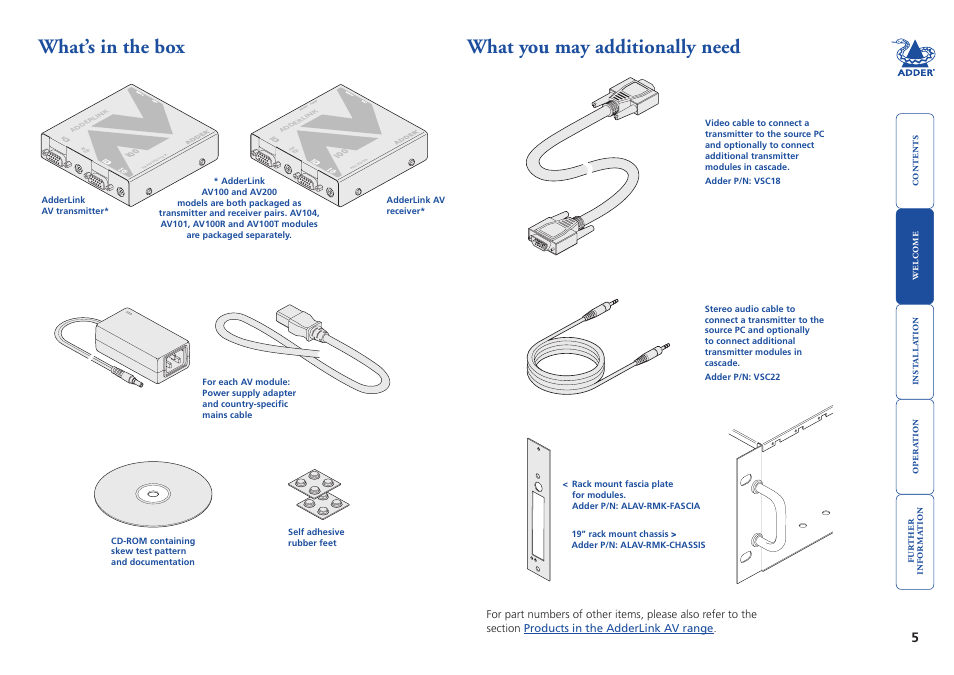 What’s in the box, What you may additionally need, 5 what you may additionally need | What’s in the box what you may additionally need | Adder Technology AdderLink AV Series User Manual | Page 6 / 26