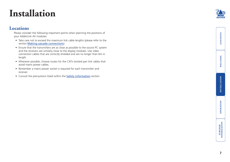 Installation, Locations | Adder Technology AdderLink AV Series User Manual | Page 8 / 26